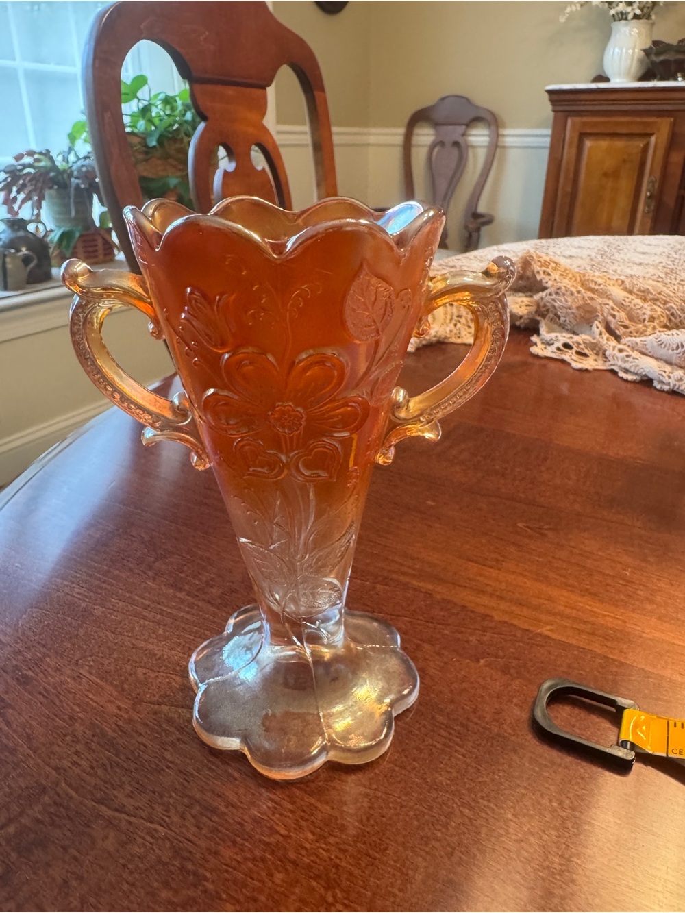 Carnival glass vase in 'Mary Ann' pattern by Dugan Glass Company